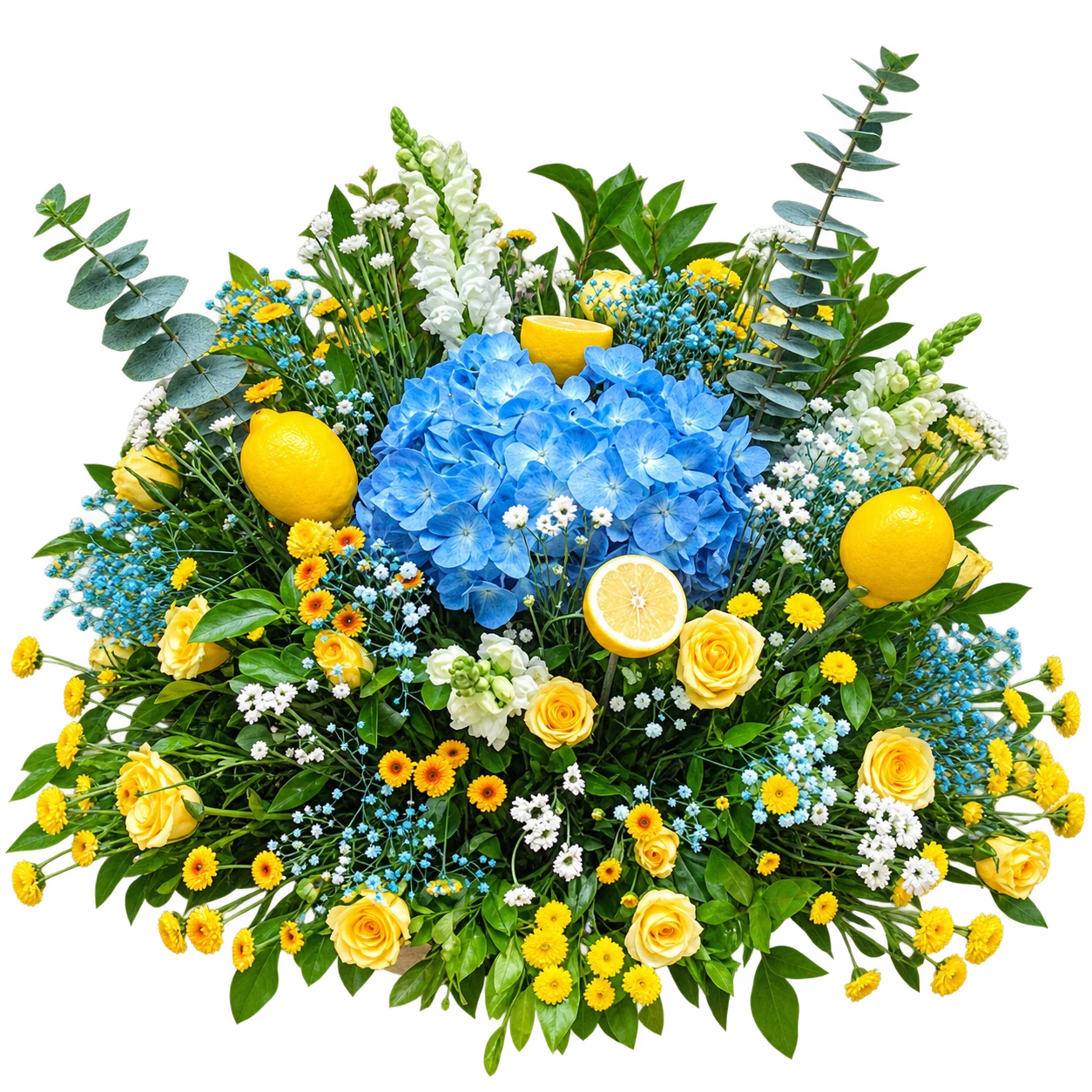 Blue hydrangeas, yellow roses, citrus accents and eucalyptus in a full floral arrangement
