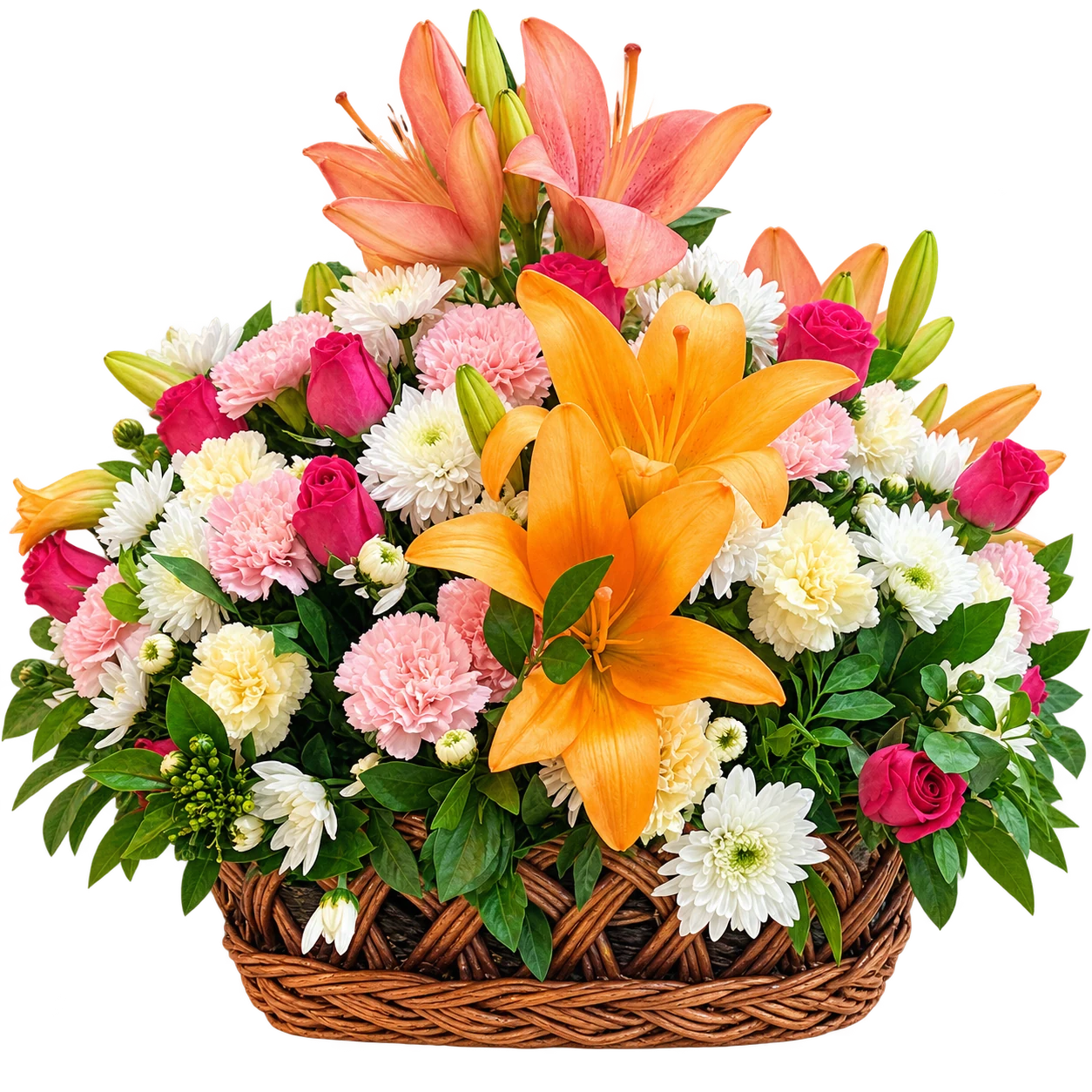 Orange and pink lilies with cream and pink flowers in a woven basket