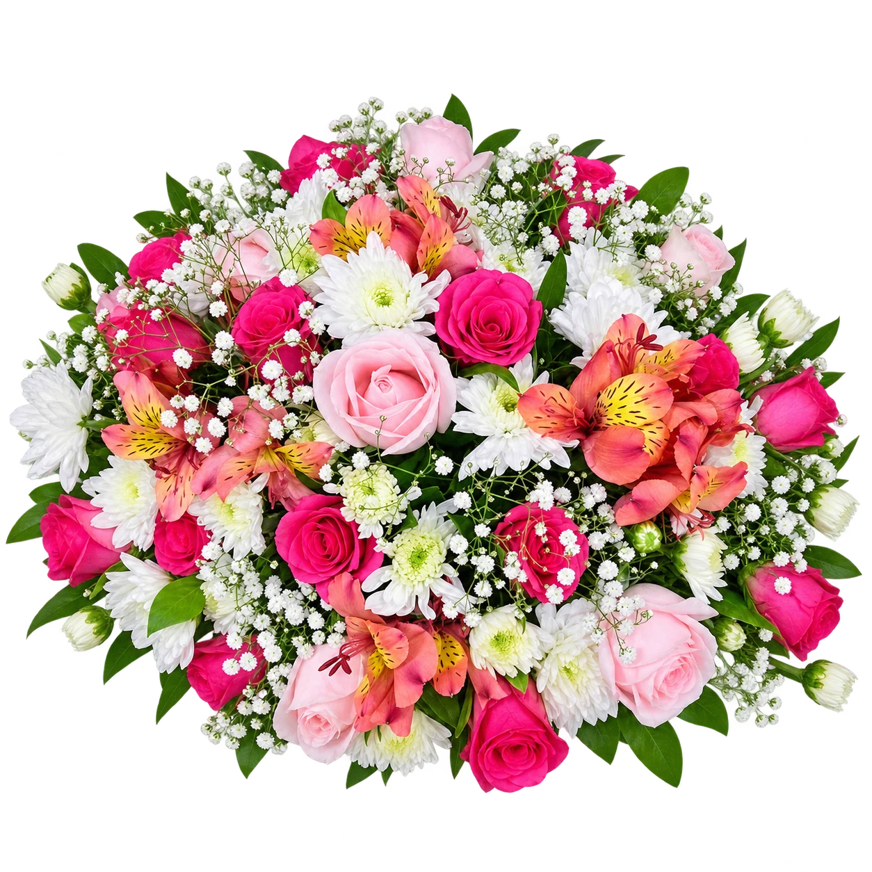 Pink and red roses, ivory flowers and fresh foliage in a low floral centrepiece