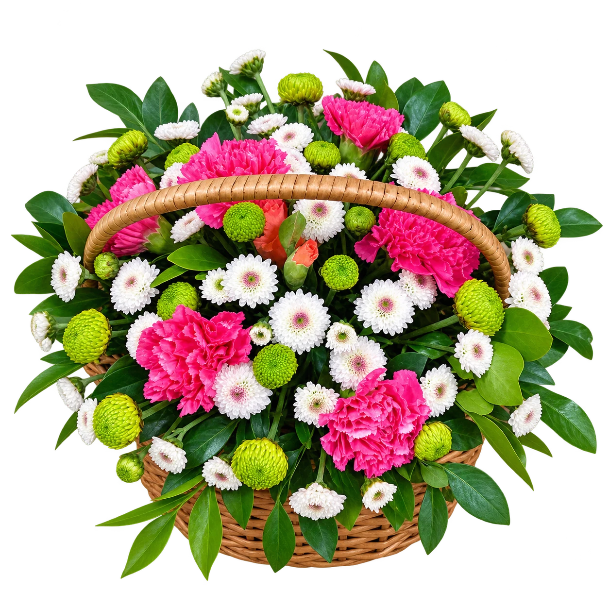 Pink carnations, white daisies and fresh foliage in a basket with a decorative handle