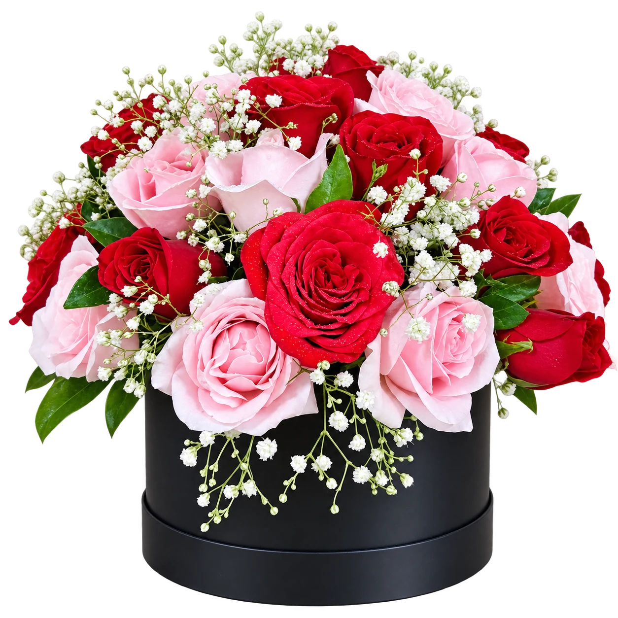 Red and pink roses with delicate white flowers in a black cylindrical hatbox