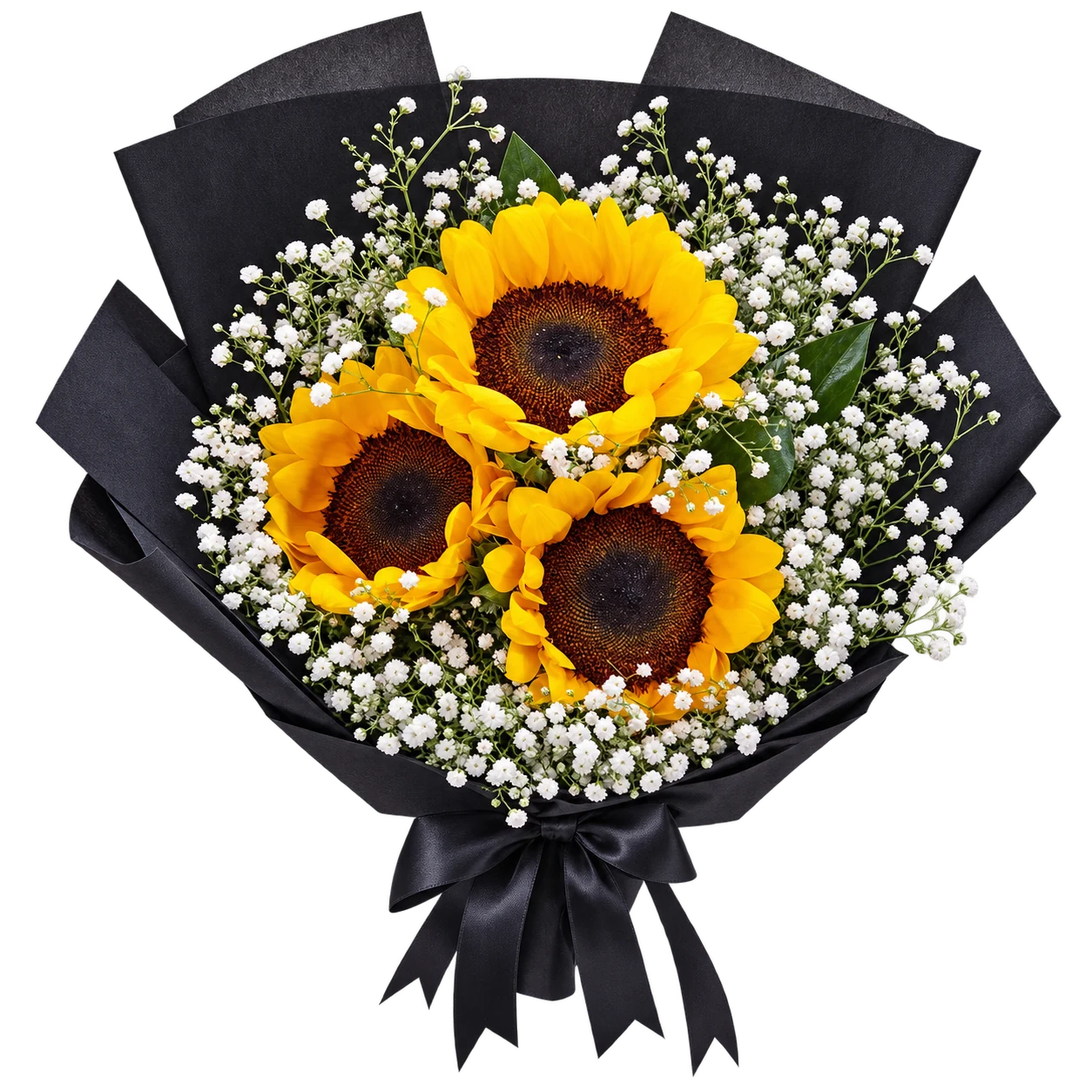Three sunflowers with delicate white flowers in black paper wrapping and a black ribbon
