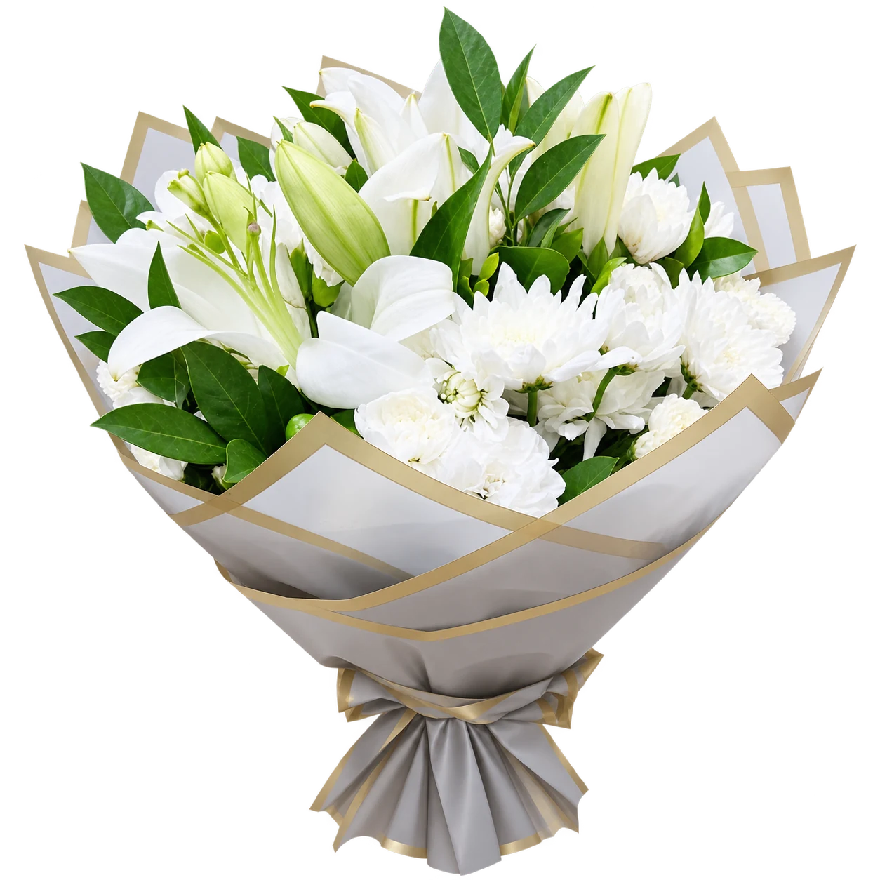 White lilies, chrysanthemums and green foliage in ivory wrapping with gold edging