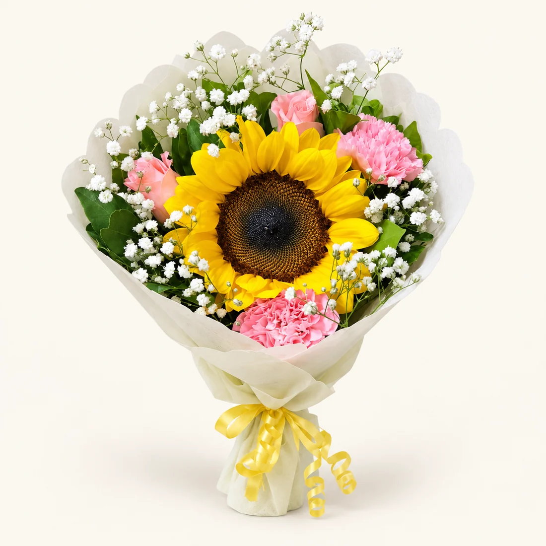 Celebration bouquet with a sunflower and mixed colourful flowers