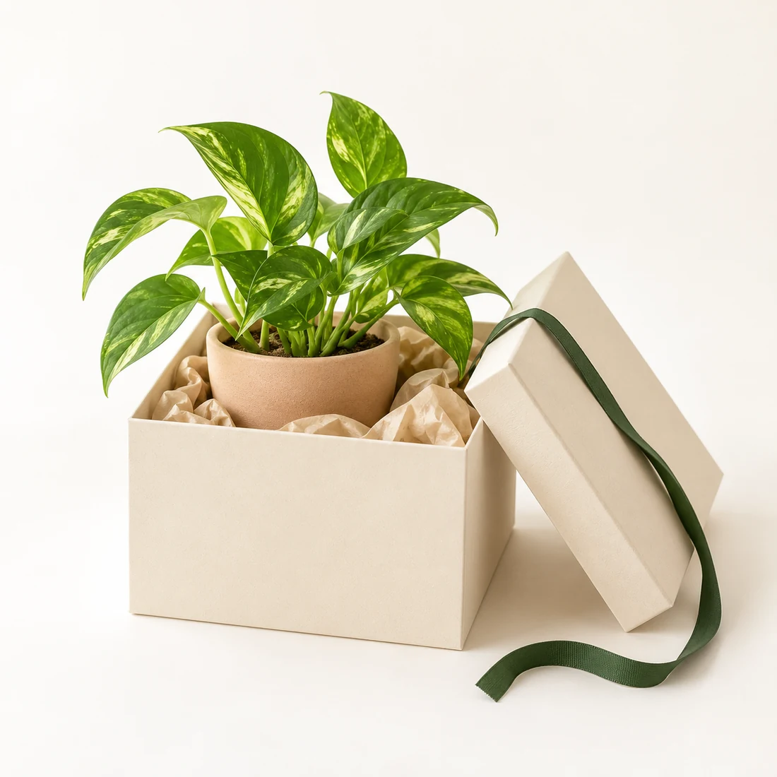 Pothos plant presented in a cream gift box with a green ribbon