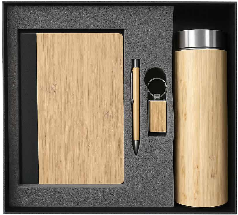 Presentation box with a bamboo notebook, pen, keychain and flask