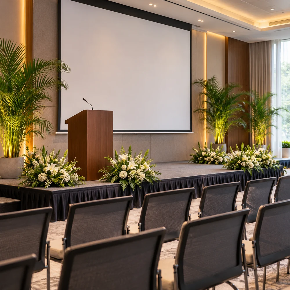 Corporate event reference with understated flowers and plants in a meeting venue