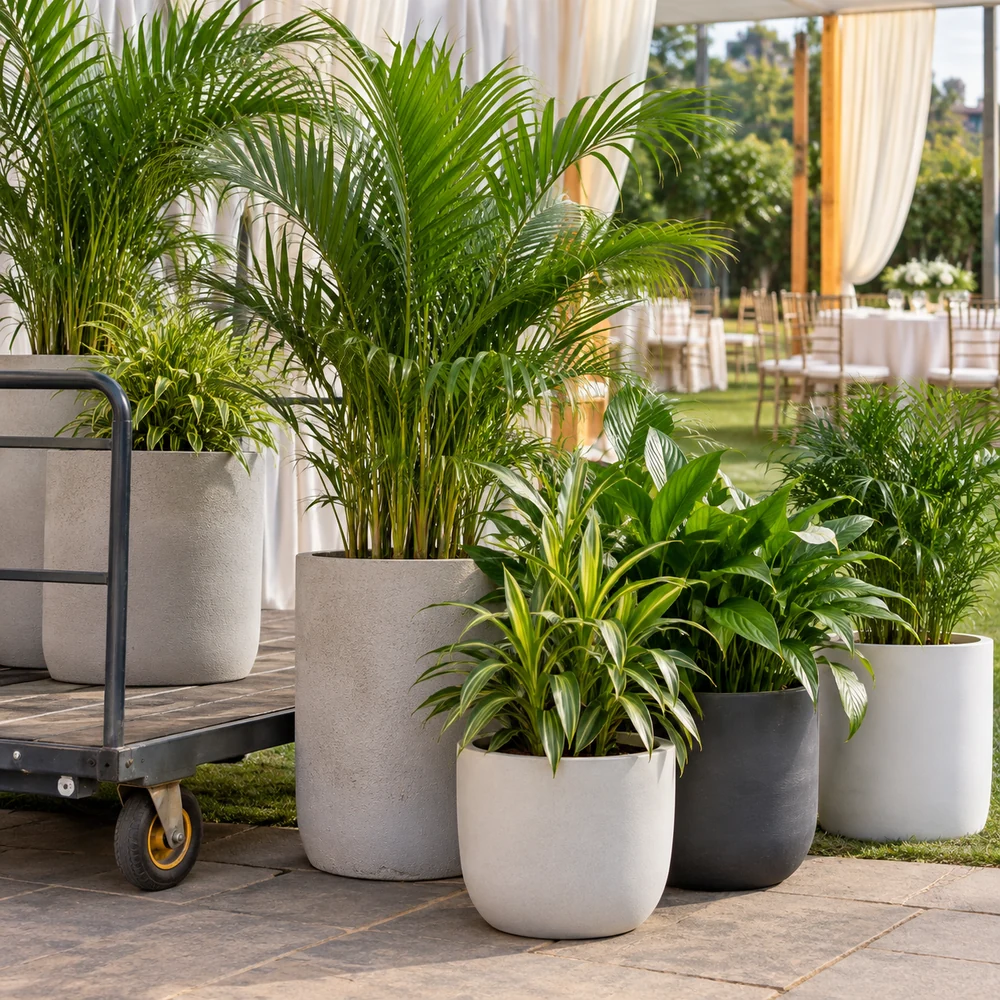 Reference event space with grouped rental plants being positioned