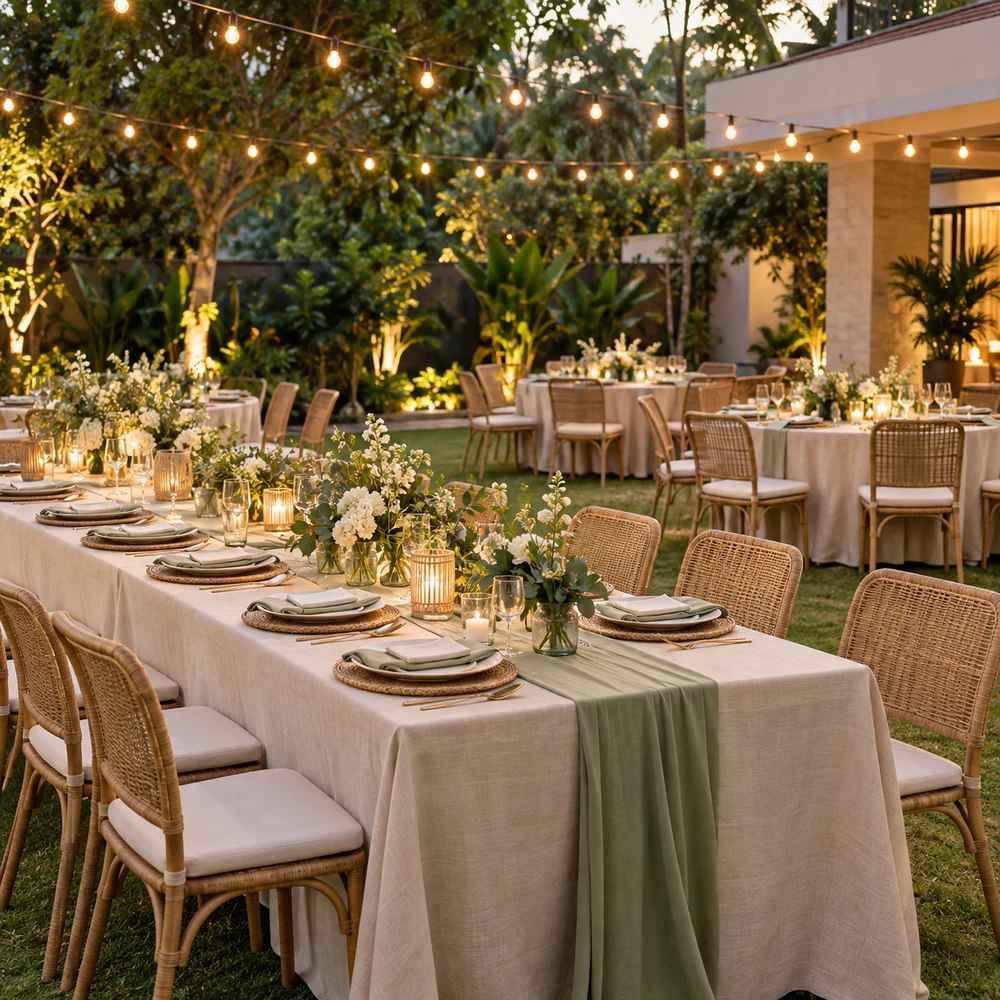 Event styling reference with coordinated tables, flowers and greenery