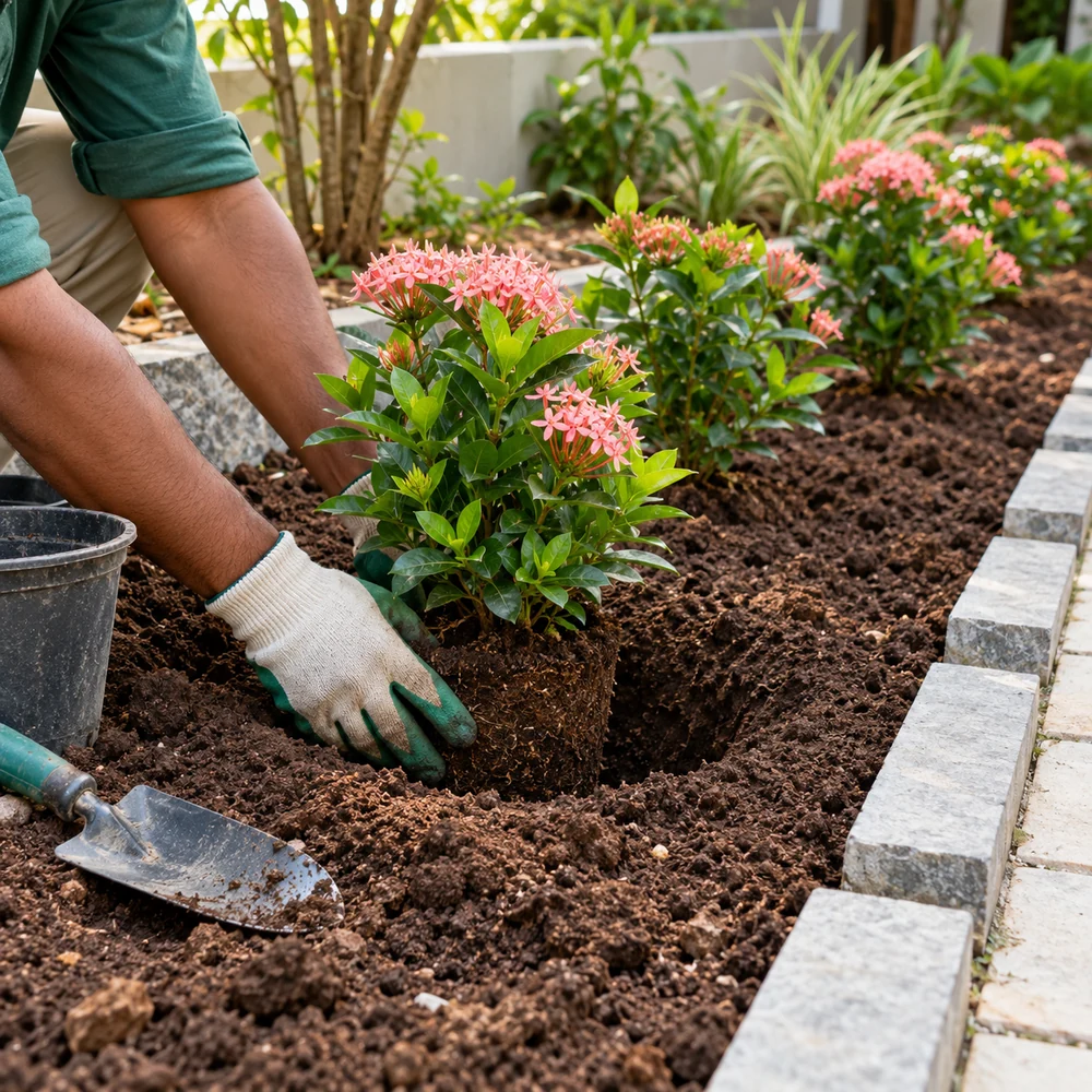 Garden installation reference showing hands planting a shrub in a prepared border