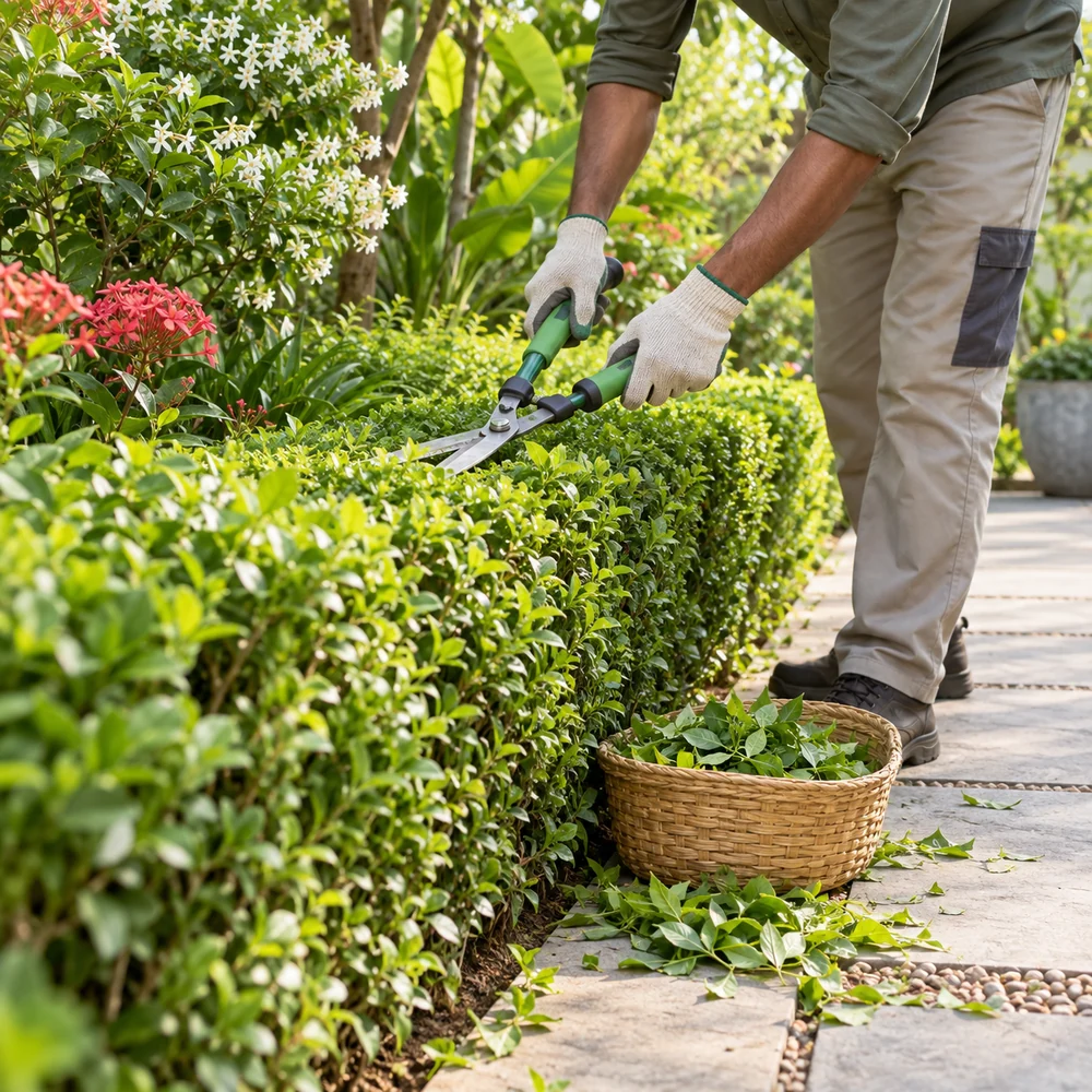 Garden maintenance reference showing hands tending a planted garden