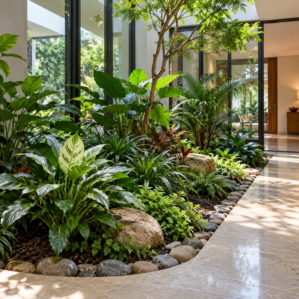 Indoor landscaping reference with layered leafy plants and planters