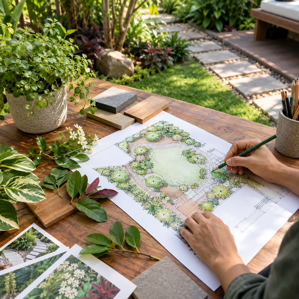 Garden planning reference with a planting sketch, leaf samples and gardening materials