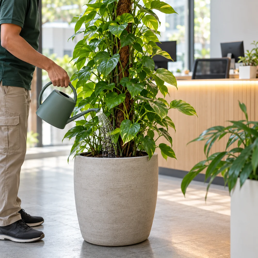 Reference office interior with leafy plants and plant care in progress