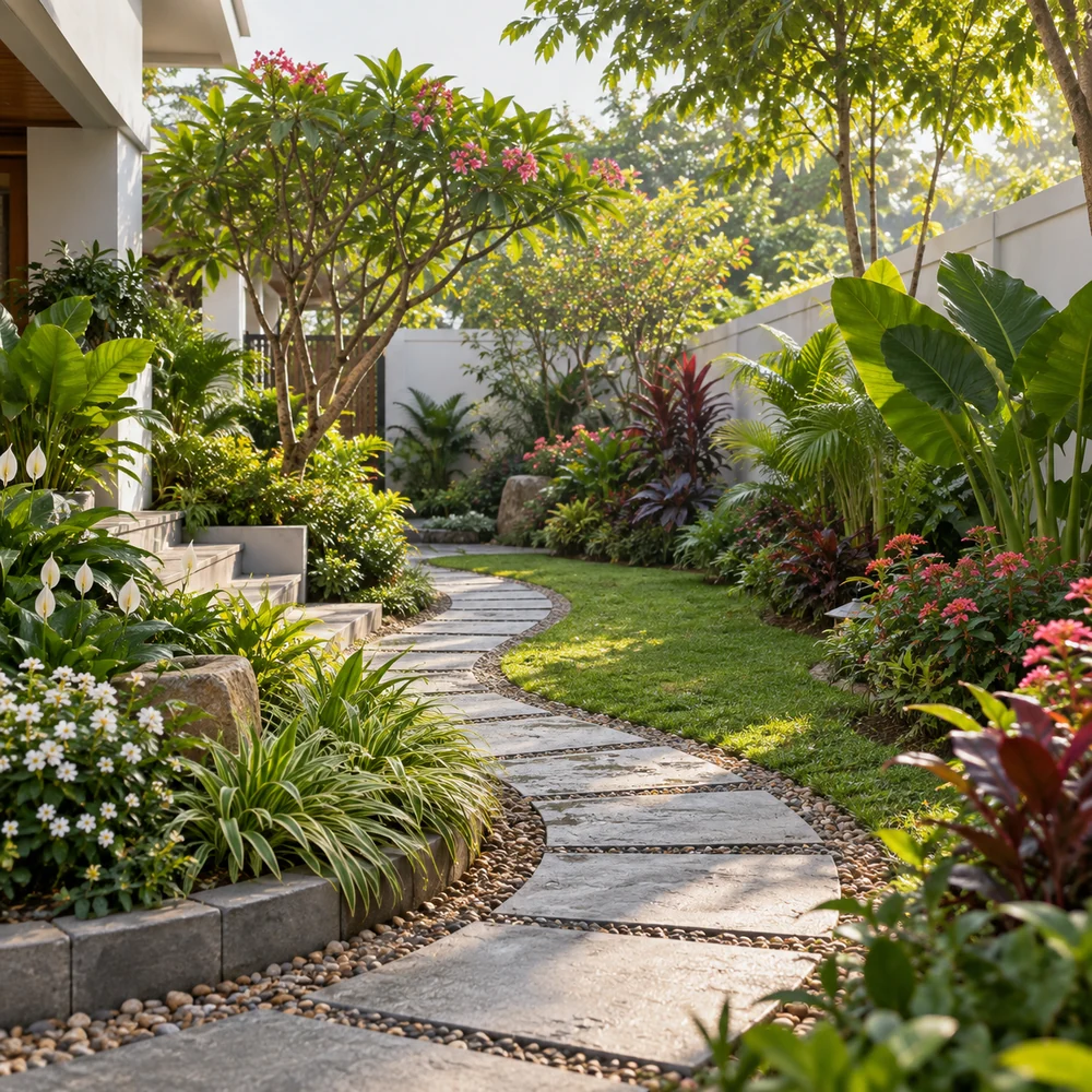 Outdoor landscaping reference with garden borders and a planted path