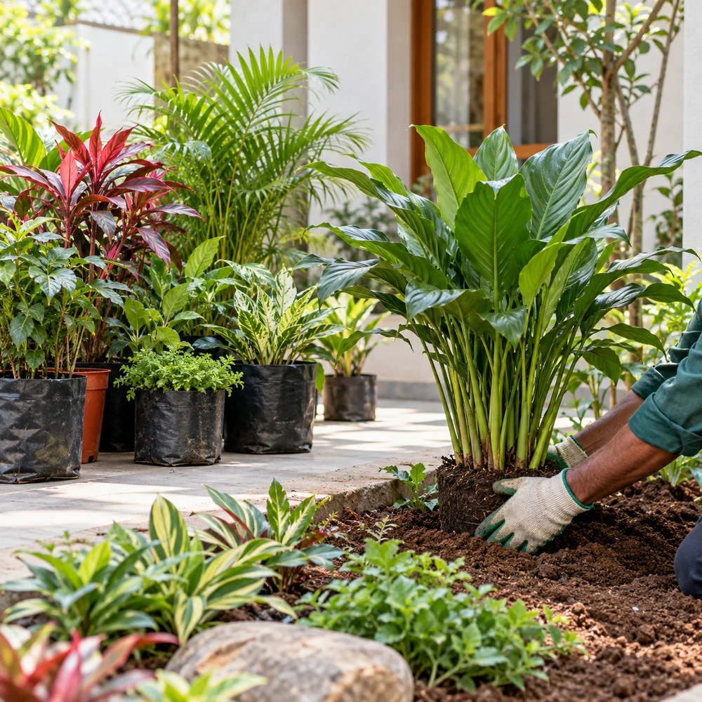 Plant supply reference with tropical plants awaiting placement in a courtyard
