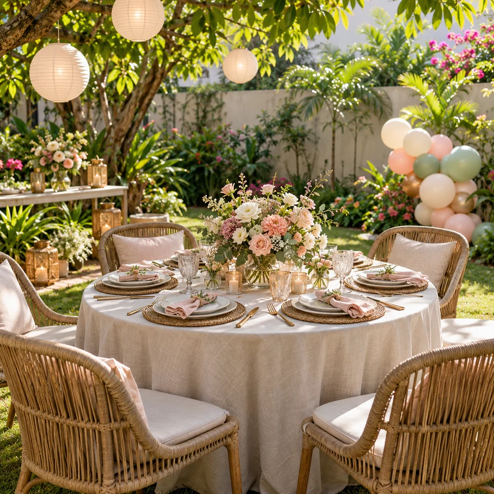 Private celebration reference with a flower arrangement and a styled table