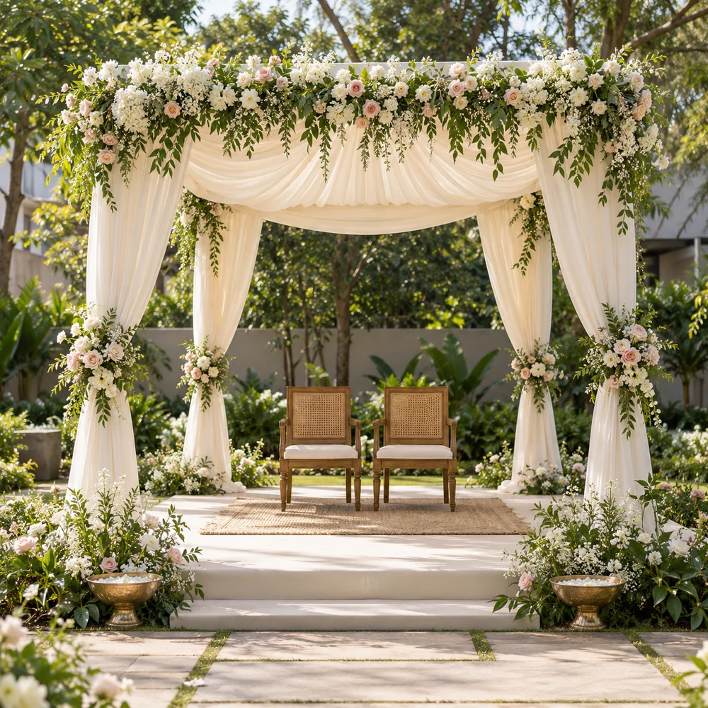 Wedding styling reference with flowers and greenery around a ceremony setting