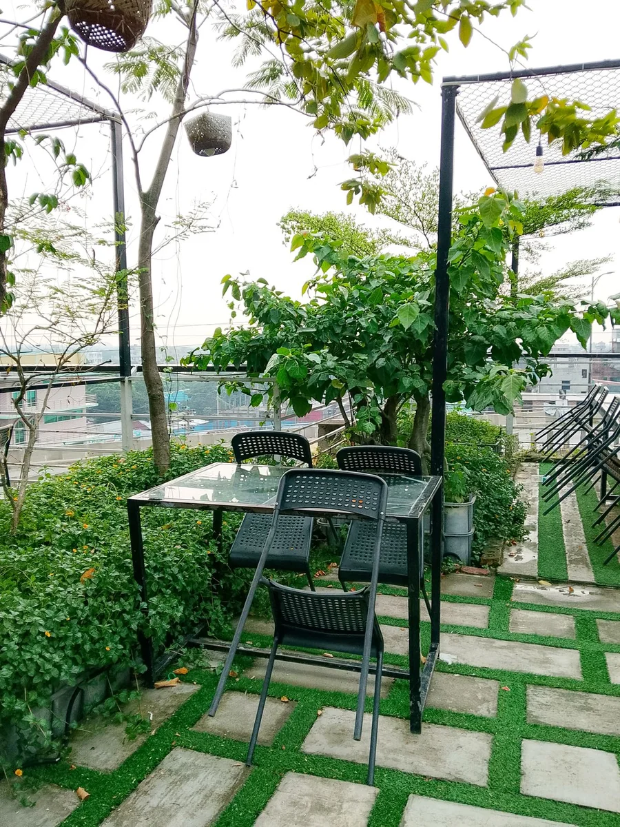 Rooftop garden with seating and greenery