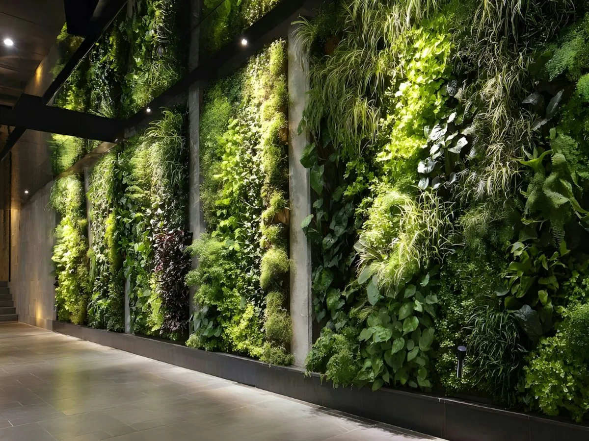 Indoor planted living wall with varied green foliage