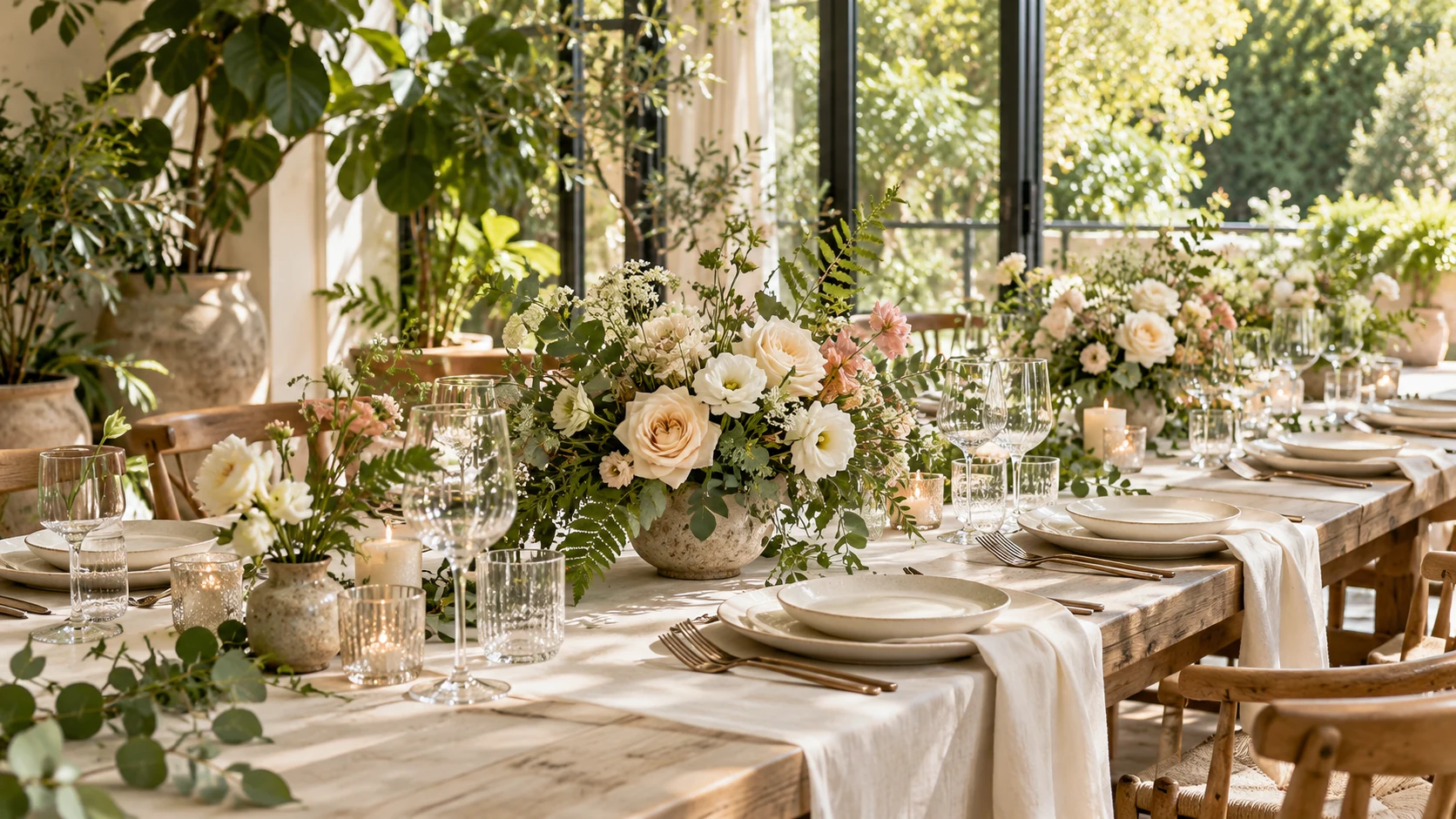 An elegant table setting with fresh flowers and greenery